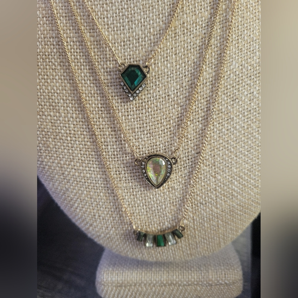 Elegant Gold Tone and Green Layered Necklace Set